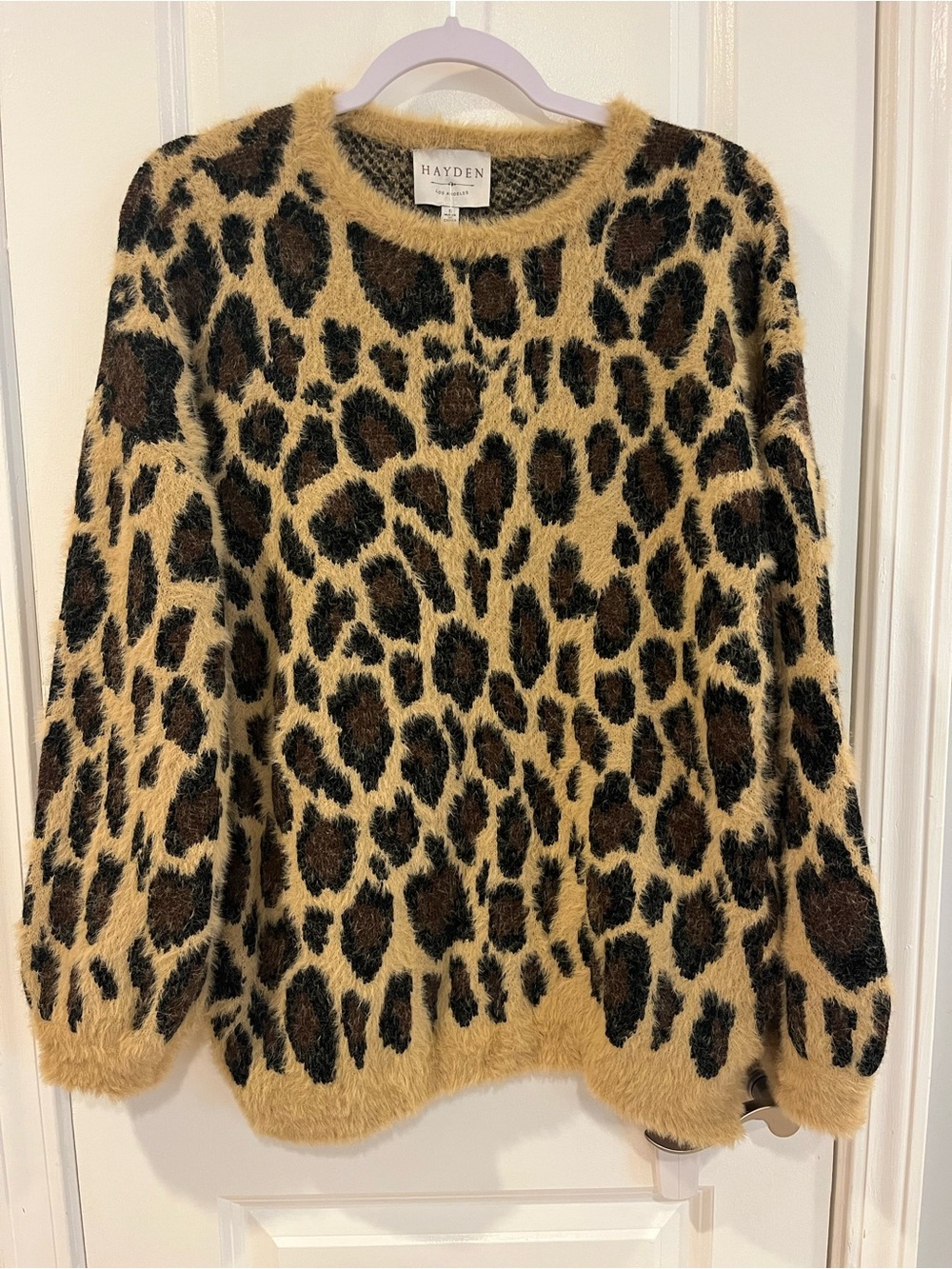 Hayden Leopard Print Fuzzy Sweater in Tan, Black & Brown